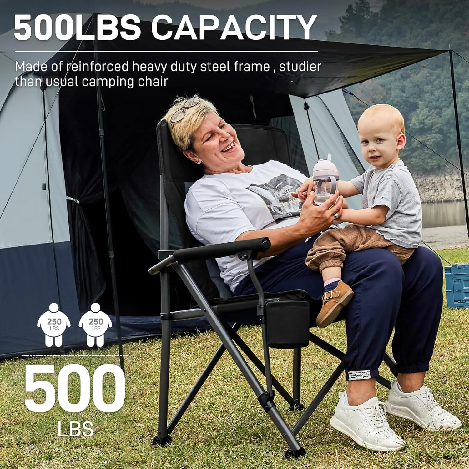 EVER ADVANCED Oversized Folding Camping Chair for Adults, Heavy Duty Lawn Chair with Side Pockets, Portable Collapsible Quad Chair for Outside, Support Up to 500lbs