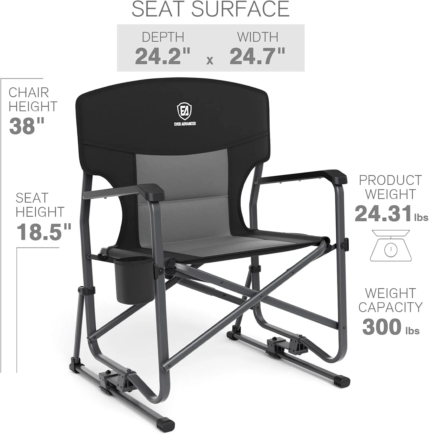 EVER ADVANCED Rocking Chair Outdoor, Quick Set Rocker Camping Chair for Adult, Foldable Rocker Chair Lightweight, Portable Folding Rocker Chair for Patio, Living Room, Balcony, Supports 300 LBS, Black