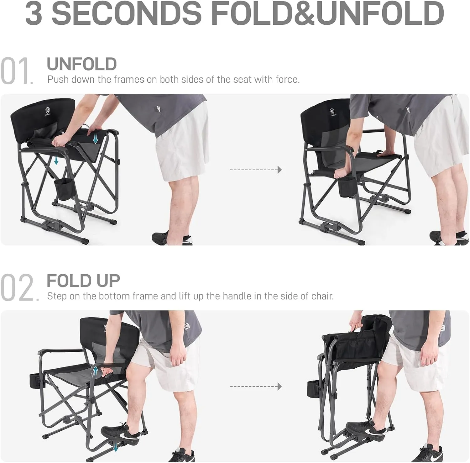 EVER ADVANCED Rocking Chair Outdoor, Quick Set Rocker Camping Chair for Adult, Foldable Rocker Chair Lightweight, Portable Folding Rocker Chair for Patio, Living Room, Balcony, Supports 300 LBS, Black