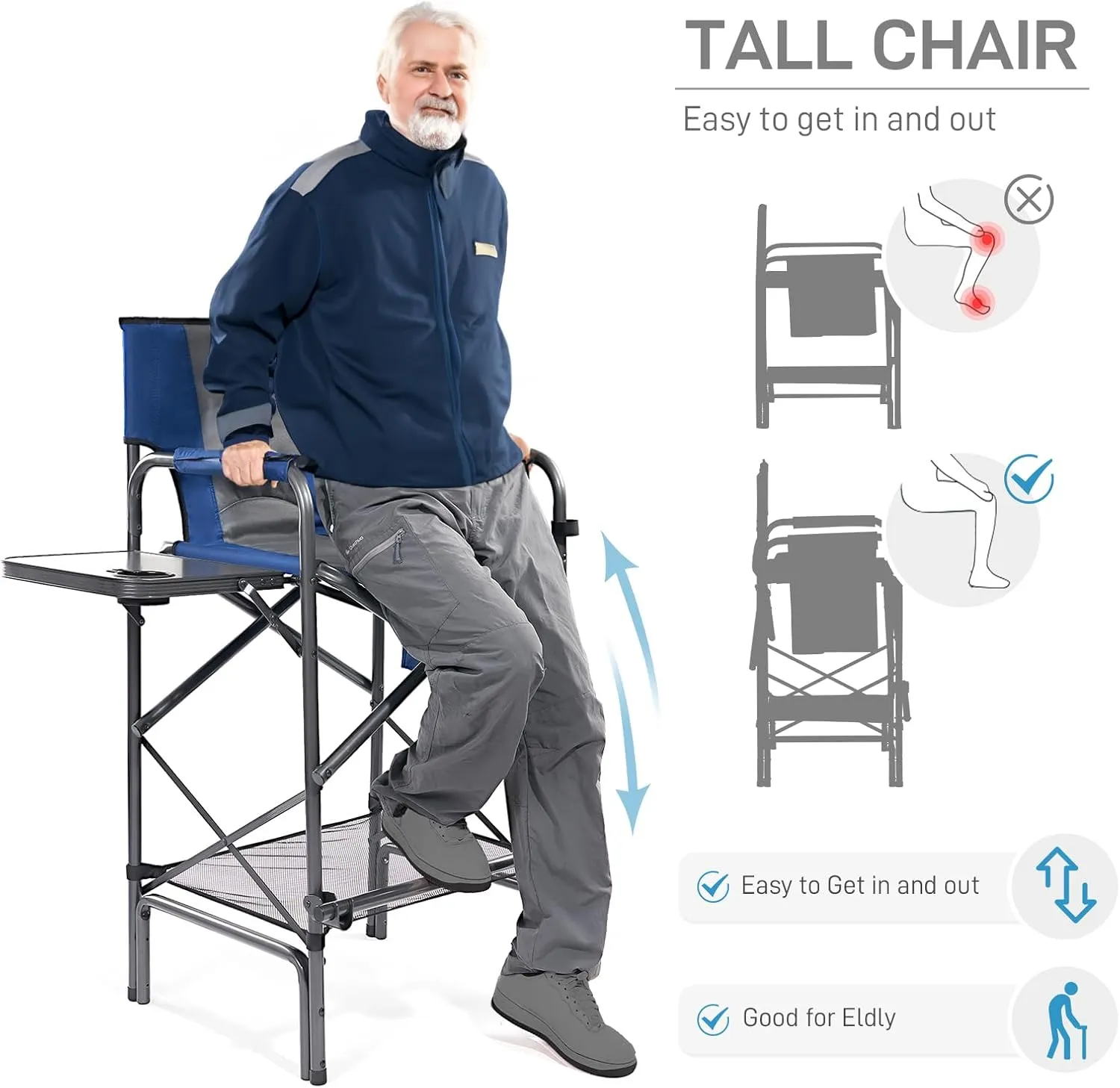 EVER ADVANCED Tall Folding Chair 30.7" Seat Height Directors Chair High Foldable Bar Stool for Makeup Artist Face Painting with Side Table Cup Holder and Storage Pocket Supports 350LBS (Blue/Grey)