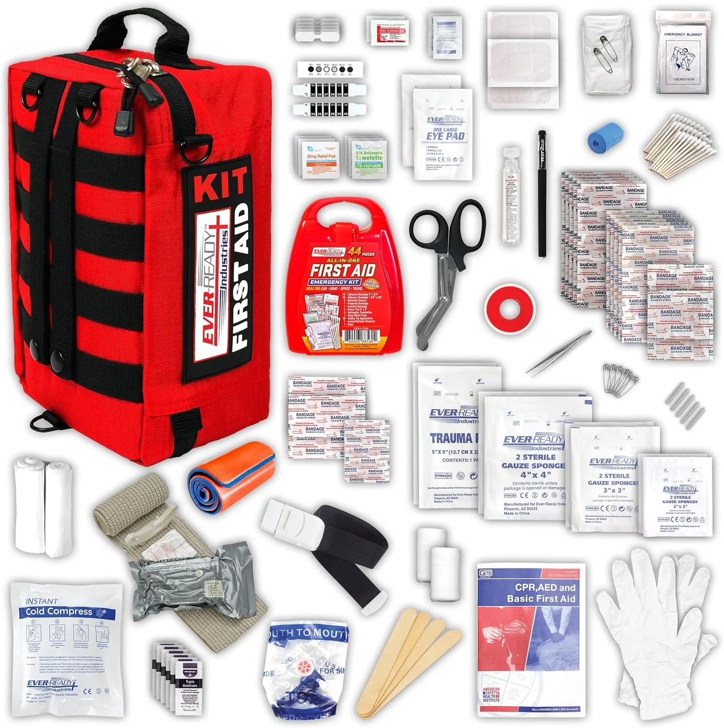 Ever-Ready Industries Premium Trauma First Aid Kit for Outdoors, Workplace, and Home - Exceed OSHA Guidelines and ANSI 2009 Standards - 240 Pieces - Includes Bonus Travel Kit