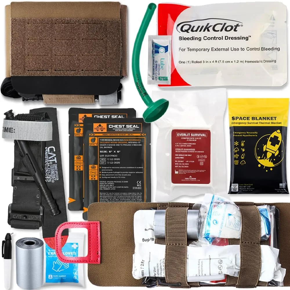 EVERLIT Rapid Aid Trauma Sleeve(Rats) EDC Trauma Kit, CAT GEN-7 Tourniquet QuikClot Gauze CE, Military Tactical IFAK for Bleeding Control (Coyote Brown)