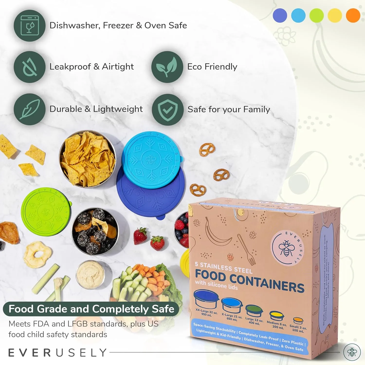Everusely - Stainless Steel Containers with Lids - Set of 5, Summer Collection - Leakproof Stainless Steel Food Containers - Nesting Snack Holders - Metal Lunch Box - Portable & Reusable Meal Kit