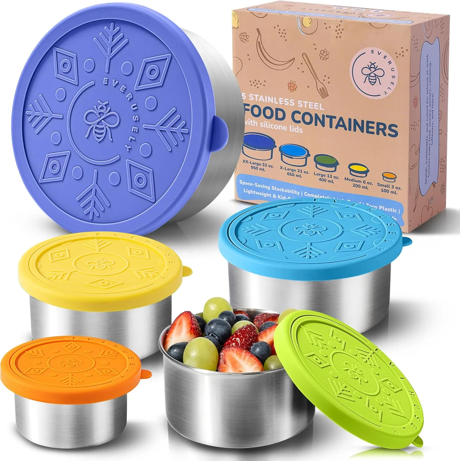 Everusely - Stainless Steel Containers with Lids - Set of 5, Summer Collection - Leakproof Stainless Steel Food Containers - Nesting Snack Holders - Metal Lunch Box - Portable & Reusable Meal Kit
