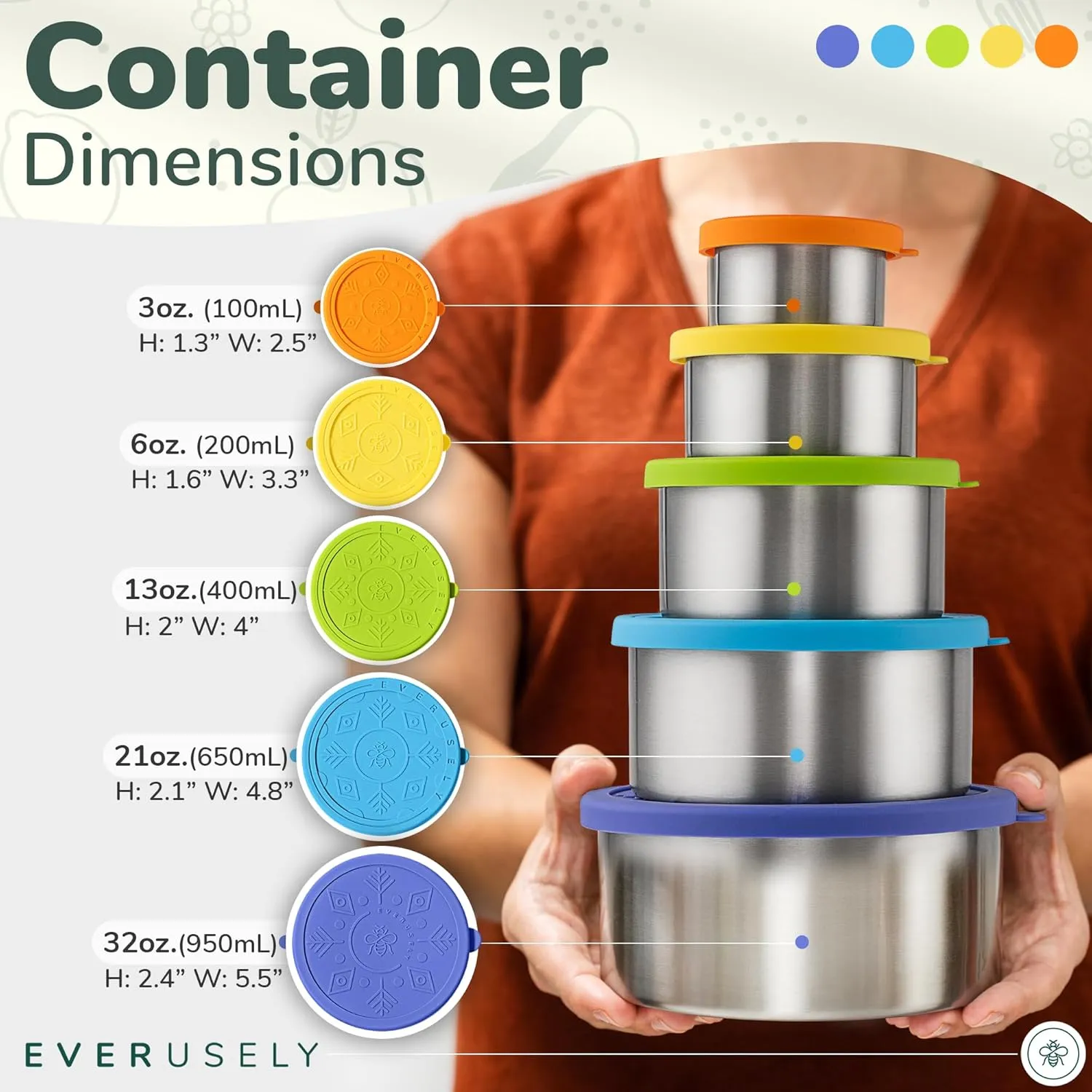 Everusely - Stainless Steel Containers with Lids - Set of 5, Summer Collection - Leakproof Stainless Steel Food Containers - Nesting Snack Holders - Metal Lunch Box - Portable & Reusable Meal Kit