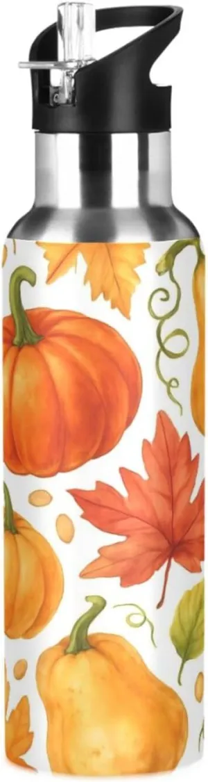 Fall Pumpkin Sports Water Bottle with Straw, 22oz BPA Free Stainless Steel Vacuum Insulated Bottle for Gym Fitness Outdoor