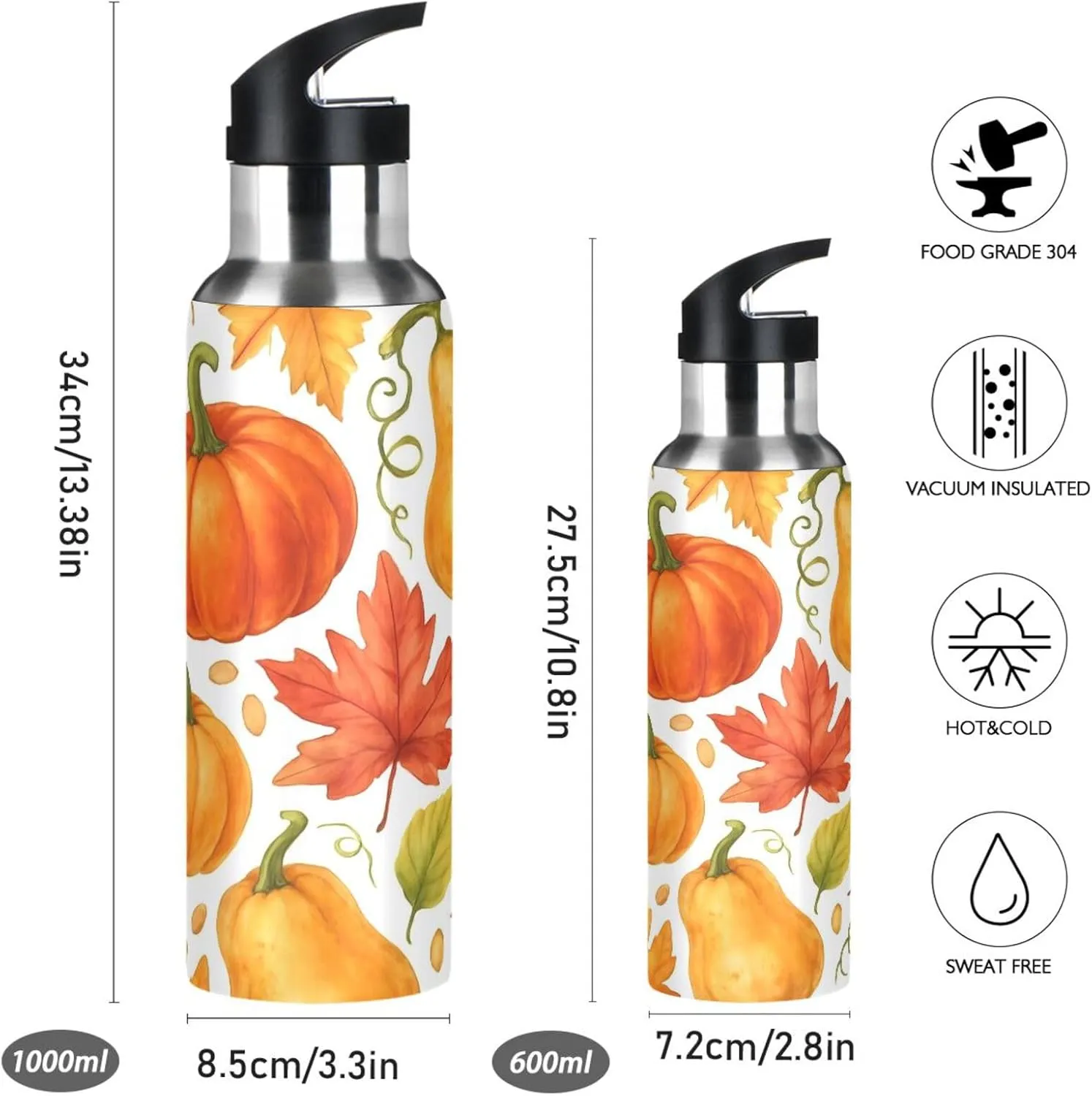 Fall Pumpkin Sports Water Bottle with Straw, 22oz BPA Free Stainless Steel Vacuum Insulated Bottle for Gym Fitness Outdoor