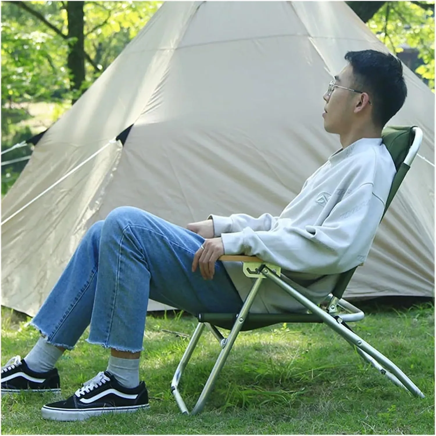 Fasion Lohascamping Outdoor Long Relaxation Camping Chair with Pillow Foldable Adjustable Desk Portable Fishing Recliner Travel Picnic Light (Color : Khaki Chair 2 pcs)