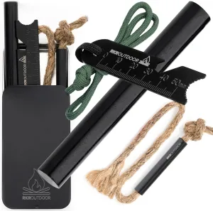 Ferro Rod Flint Fire Starter Kit   Tinder Wick Bellow with Sliding Box - 4" Length 1/2” Thick Ferro Rod with Multi-Tool Striker and Paracord Lanyard   Hemp Wick with Bellow   Sliding Box