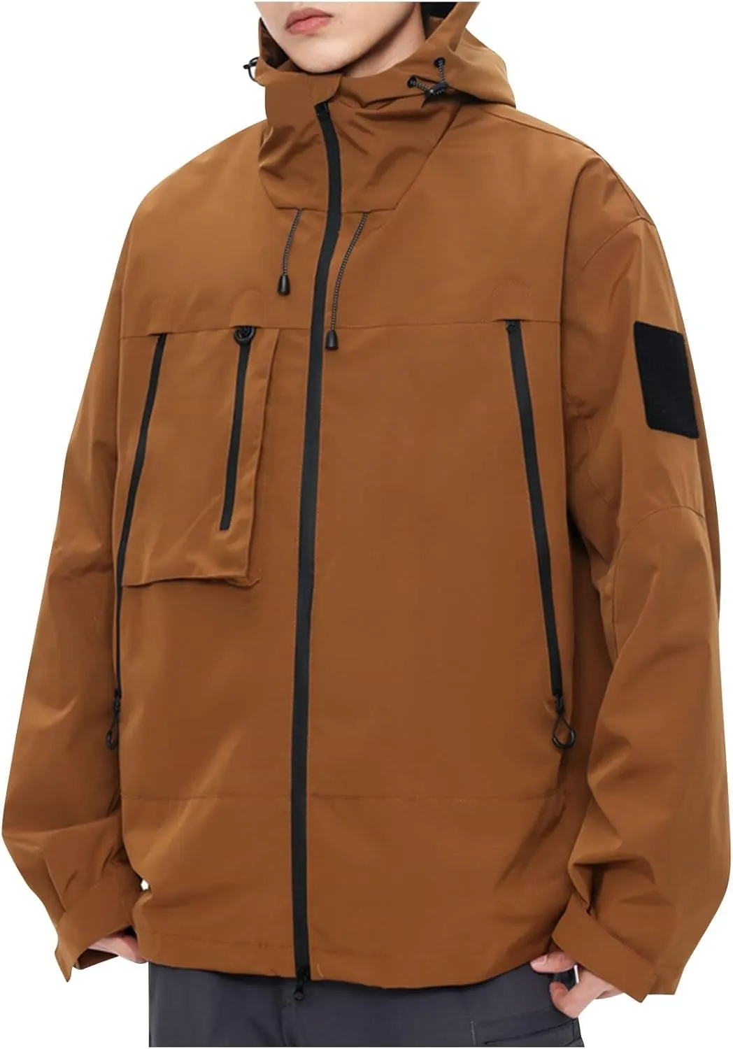 Finelylove Rain Jacket Men Waterproof Lightweight Outdoor Cargo Softshell Rain Coat Hooded Mountain Hiking Windbreaker