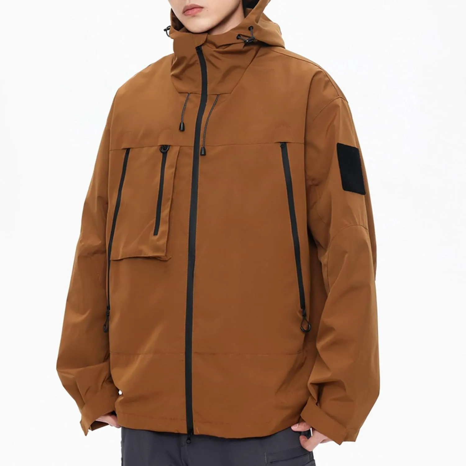 Finelylove Rain Jacket Men Waterproof Lightweight Outdoor Cargo Softshell Rain Coat Hooded Mountain Hiking Windbreaker