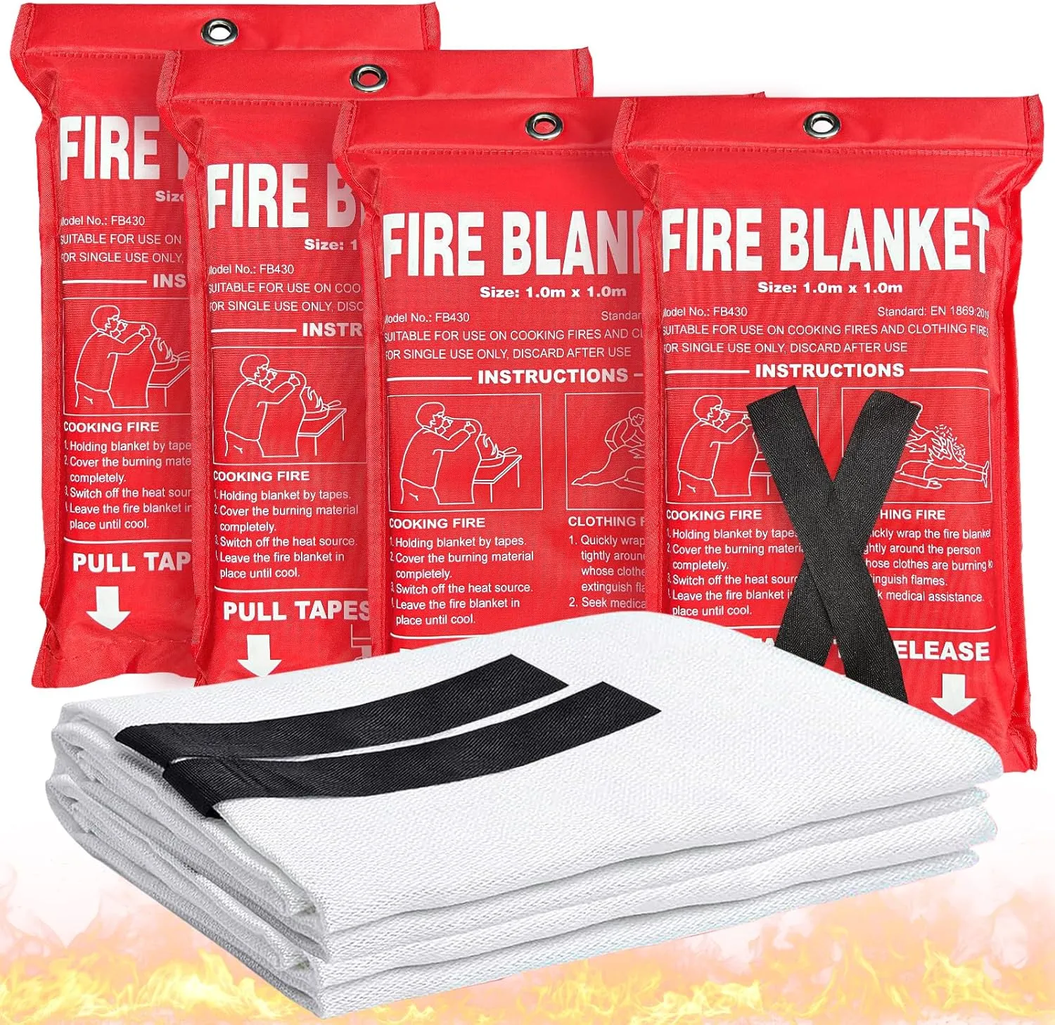 Fire Blanket 4 Pack - 40" x 40" Prepared Emergency Fire Blanket for Home and Kitchen, RV, Grill, Fireplace, Safe & Easy for Elderly and Kids Alone