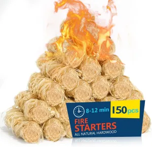 Fire Starter 150Pcs - Extra Long 12min Natural Fire Starters for Grill, Fireplace, Camping & Survival Kit | Waterproof, Odorless, Safe for BBQ/Pizza Oven/Chimney (Indoor & Outdoor)