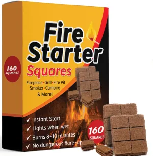 Fire Starter Squares 160 Large Pack. Natural Fire Starters for Campfires, Camping Fire Starter Cubes, Grill, Charcoal Starter Cubes, BBQ Fire Starter, Grill Fire Starter Squares