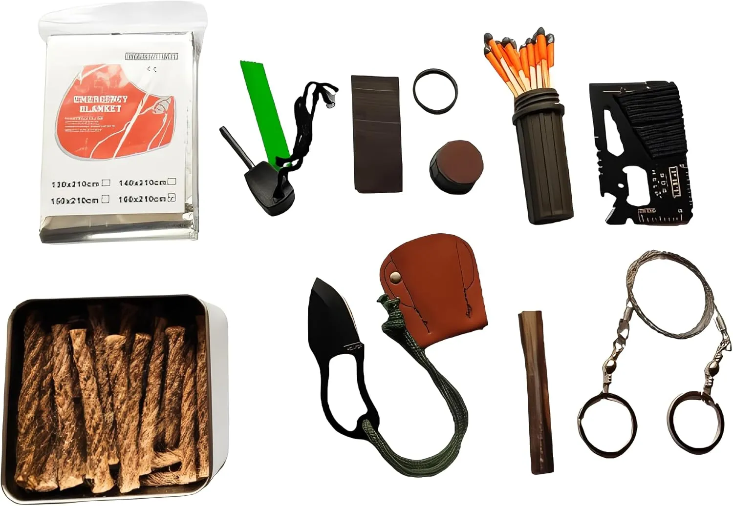 Fire Starter Weather Proof Matches Emergency Blanket Saw Wire Multiple Purpose Tool 20 Wax Ropes for Hiking Camping Bushcraft