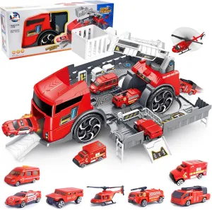 Fire Truck Toys Set for Kids Ages 3-8 - 12-Piece Firefighter Playset with Carrier Truck, Helicopter & Rotating Ladder - Educational Rescue Vehicle Gift for Boys Girls