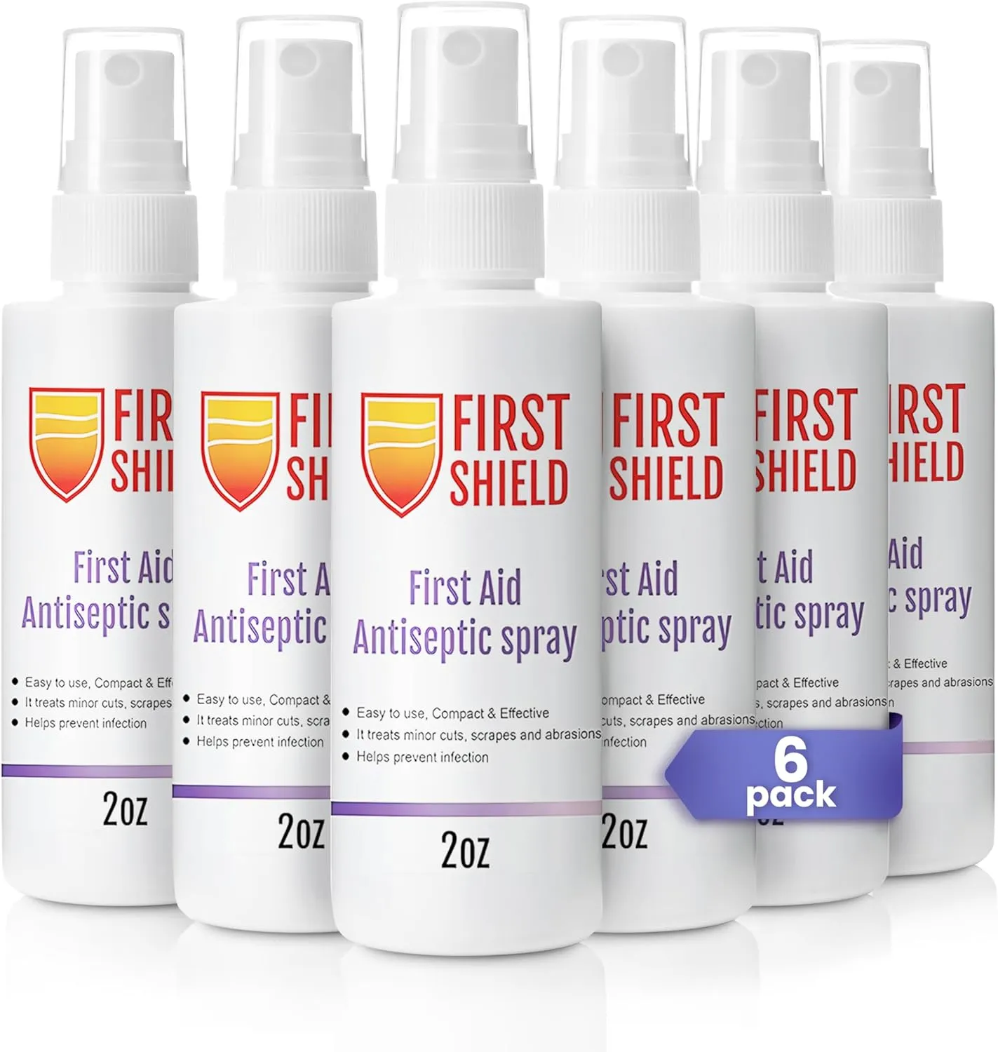 First Aid Antiseptic Spray – Wound Care Cleanser with Benzalkonium Chloride for Minor Cuts, Scrapes and Burns – Gentle Skin Cleanser – 2 oz Bottles, 6-Pack
