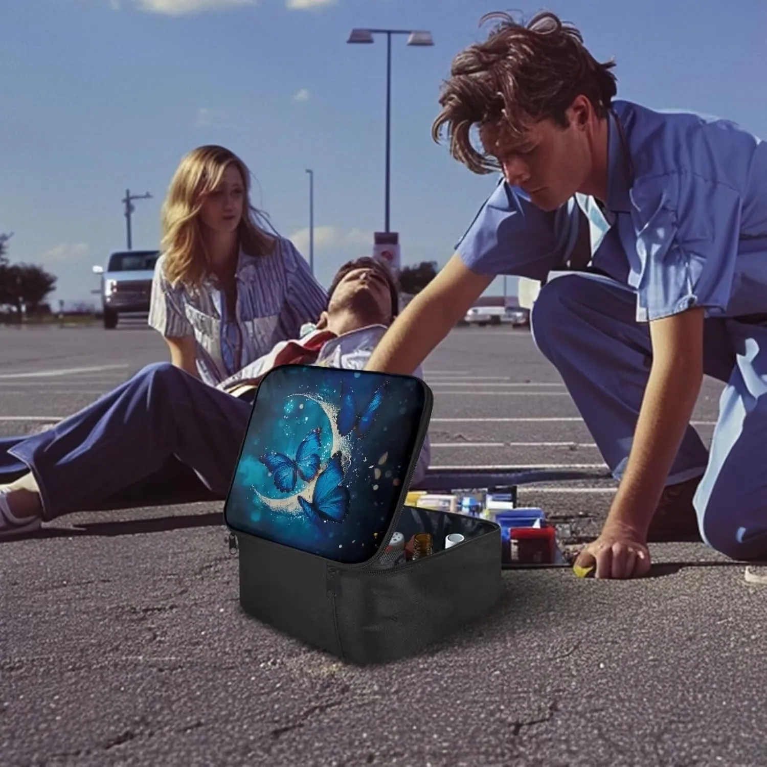 First Aid Bag Empty Medium Blue Butterfly Medical Bag Empty Travel Emergency Bag for School College Dorm Student Medical Pouch Portable Kids Medicine Storage Bag