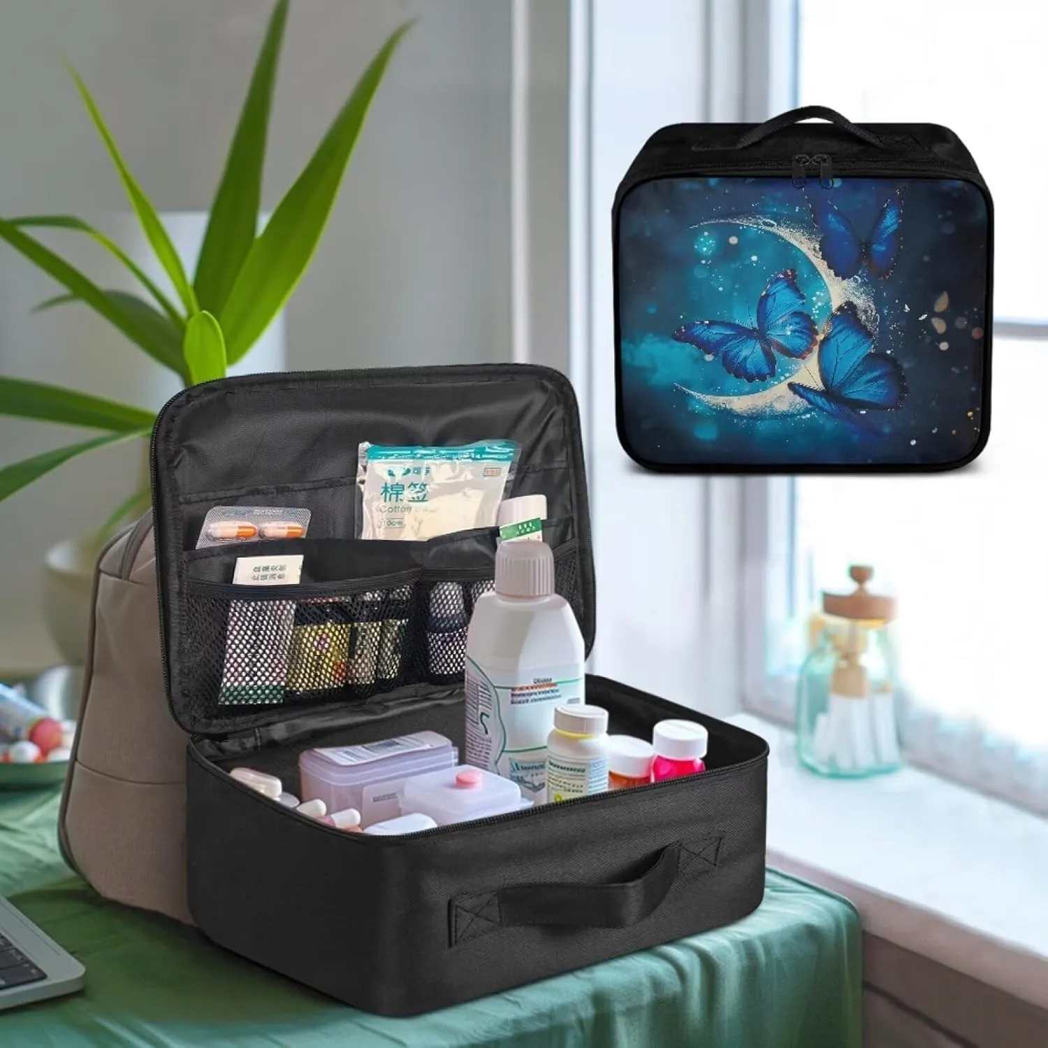 First Aid Bag Empty Medium Blue Butterfly Medical Bag Empty Travel Emergency Bag for School College Dorm Student Medical Pouch Portable Kids Medicine Storage Bag