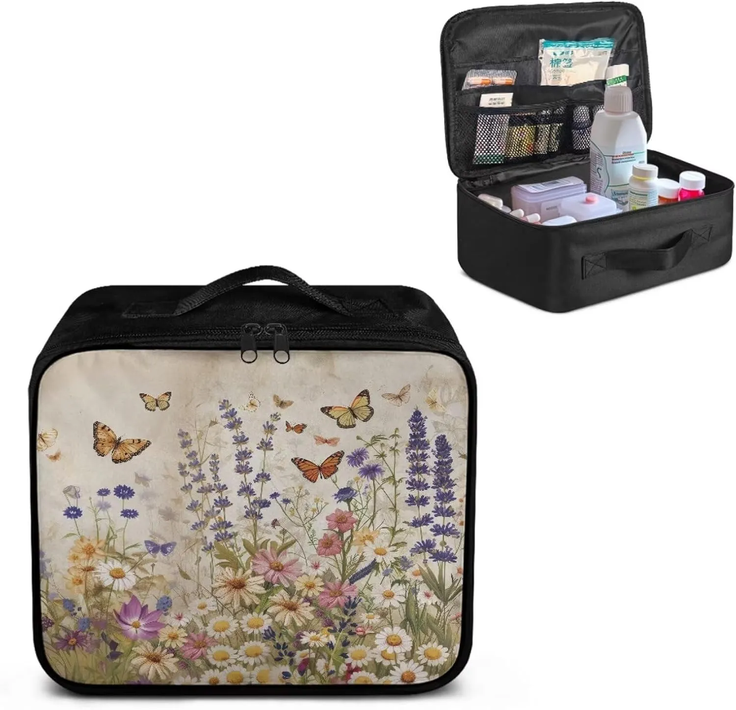 First Aid Bag Empty Organizer Travel Retro Floral Large Medical Bag First Aid Kit Accessory Pouches Organizer Portable Medic Bag Zippered Bag for Home Outdoor Travel
