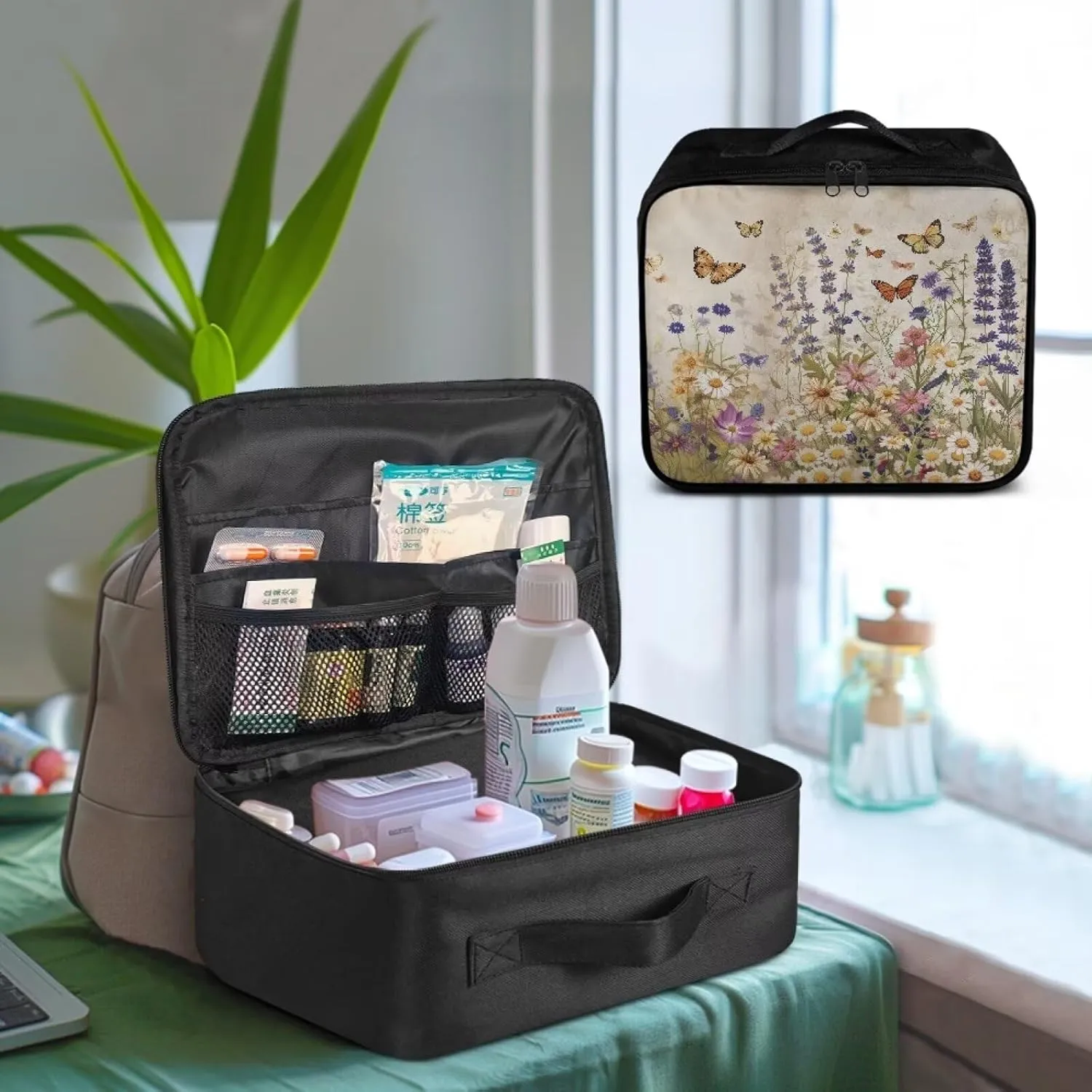 First Aid Bag Empty Organizer Travel Retro Floral Large Medical Bag First Aid Kit Accessory Pouches Organizer Portable Medic Bag Zippered Bag for Home Outdoor Travel