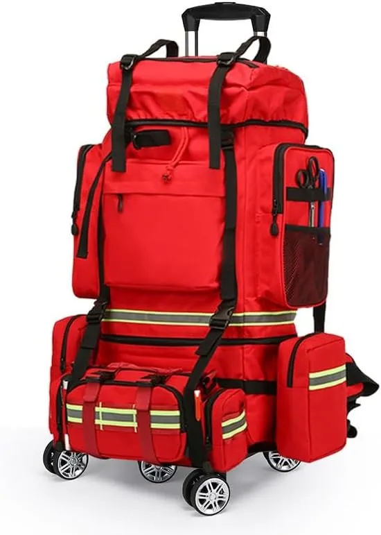 First Aid Kit Large Capacity Waterproof Flame Retardant Detachable Roller Backpack Firefighting Bag Medical Supplies Bag(A)