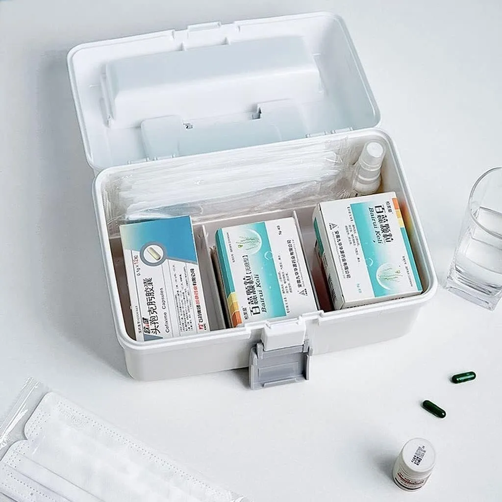 First Aid Kit Plastic Medicine Storage Box with Handle, Household Portable First Aid Box, Organizing Compartment for Medications - Small & Large Sizes(BLUE,Beige)