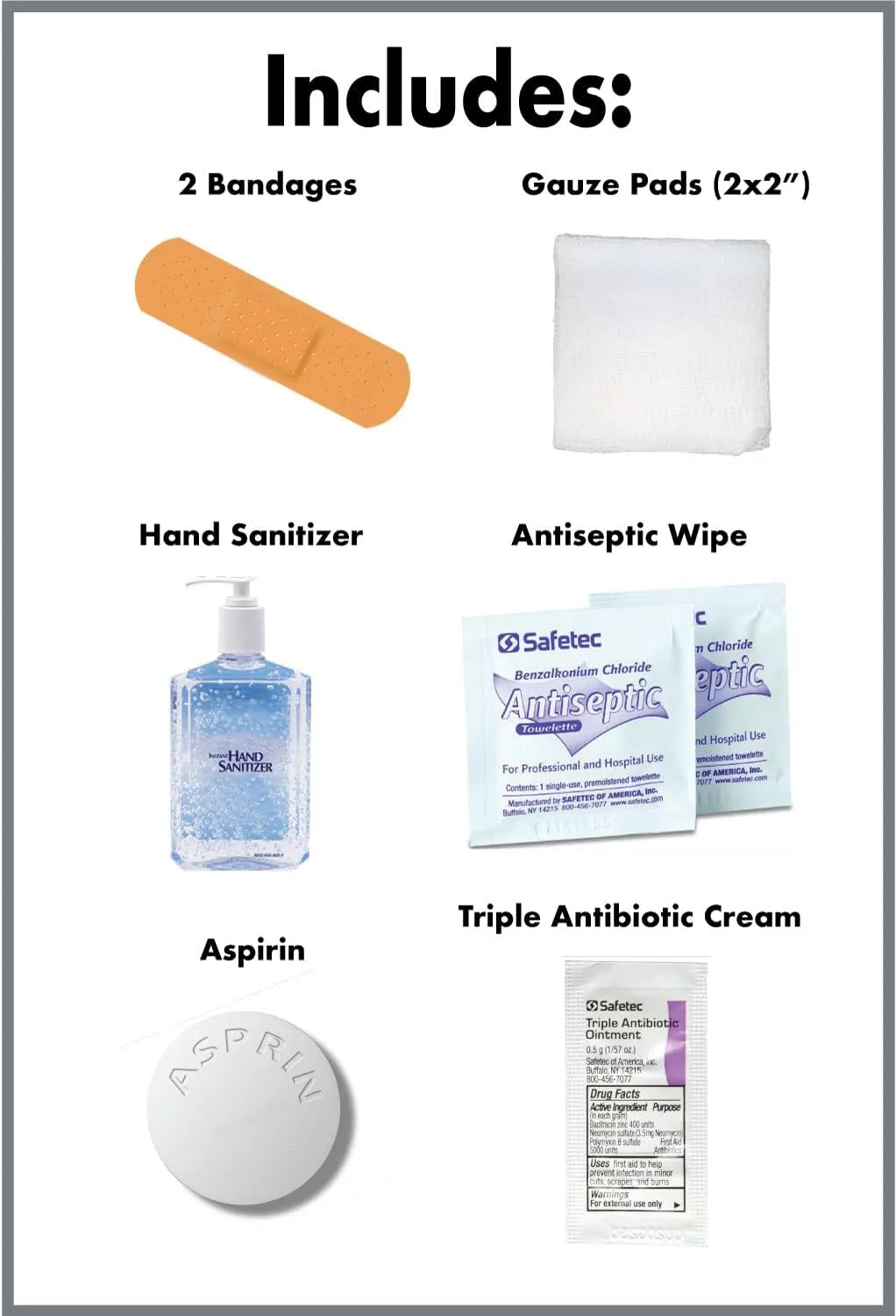 First-Aid Kit Single Use Portable Kit with Bandages, Gauze Pads, Hand Sanitizer, Antiseptic Wipe, Triple Antibiotic Cream, Aspirin Pills - 5 Units