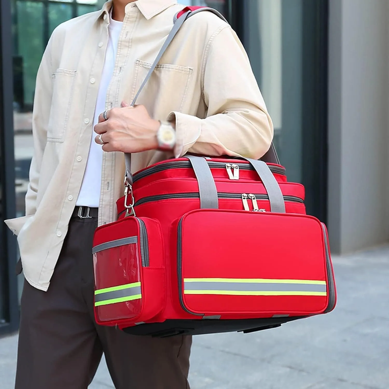 First Aid Paramedic Bag Empty, Emergency Trauma Bag with Multiple Pockets & Dividers for Home Nurse, Community Care - Green(Red)