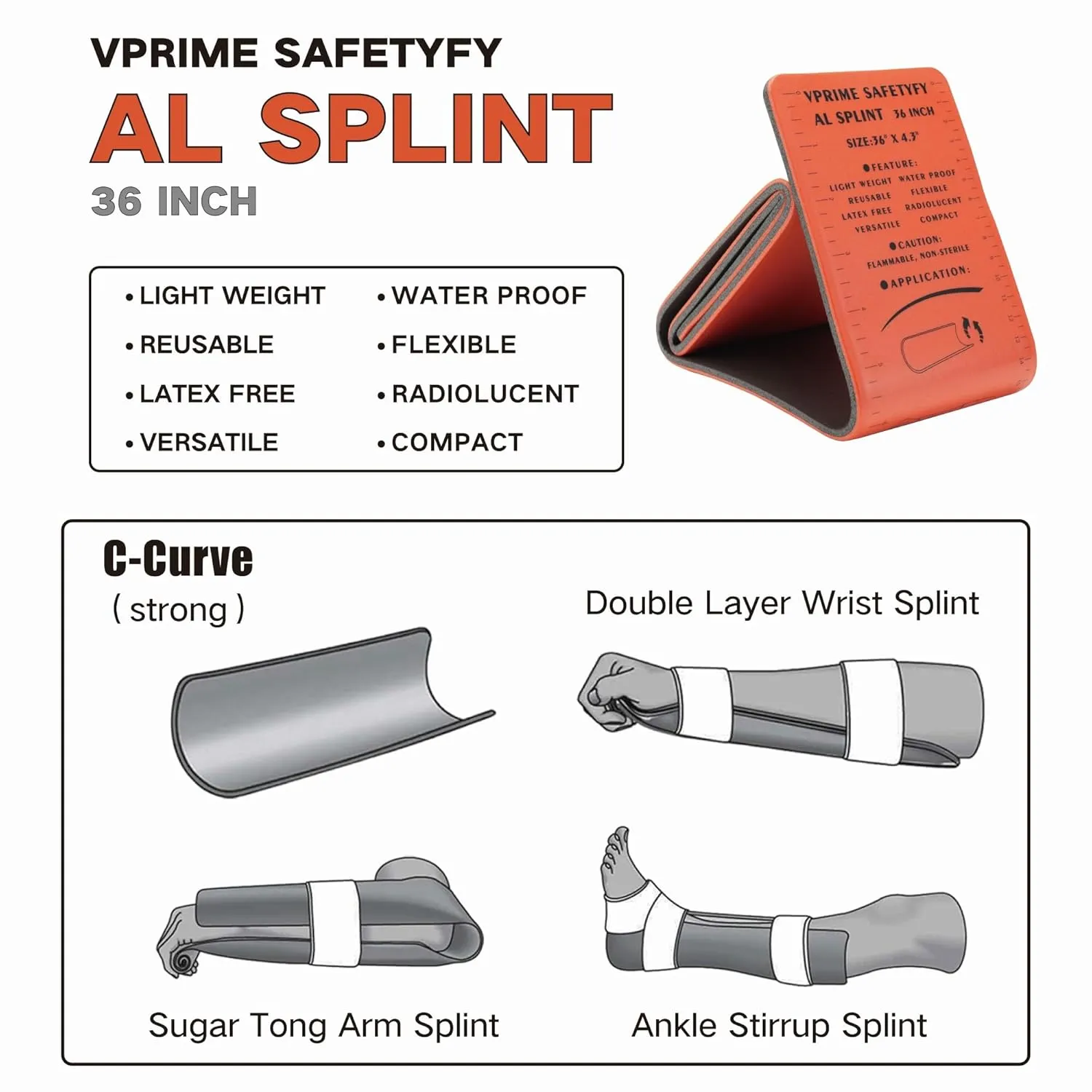 First Aid Splint 36" X 4.3" Orange -Waterproof First Aid Medical Tactical Field Splint For Bone Fracture Treatment (4, Splint Bundle)