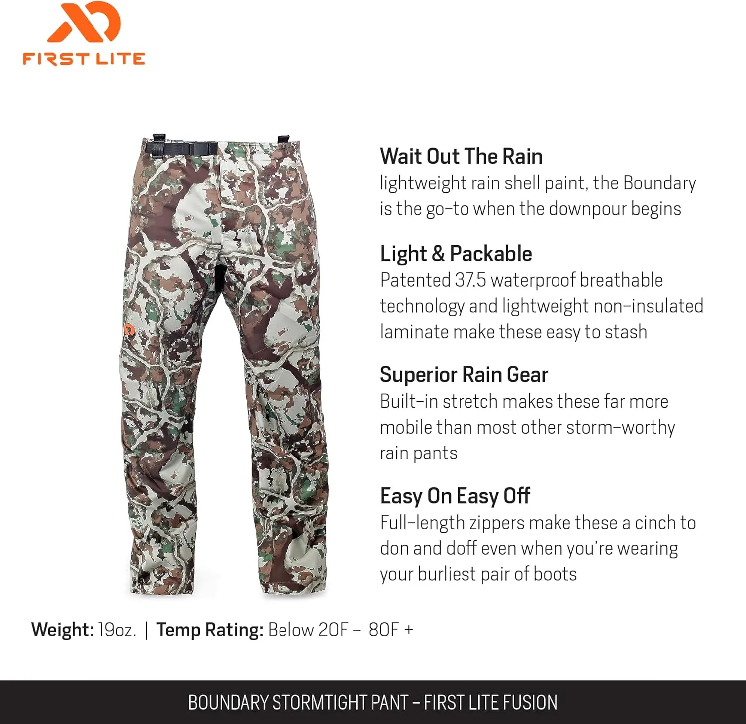 First Lite Men's Boundary Stormtight Pant - Lightweight Packable Waterproof Camo Hunting Pants