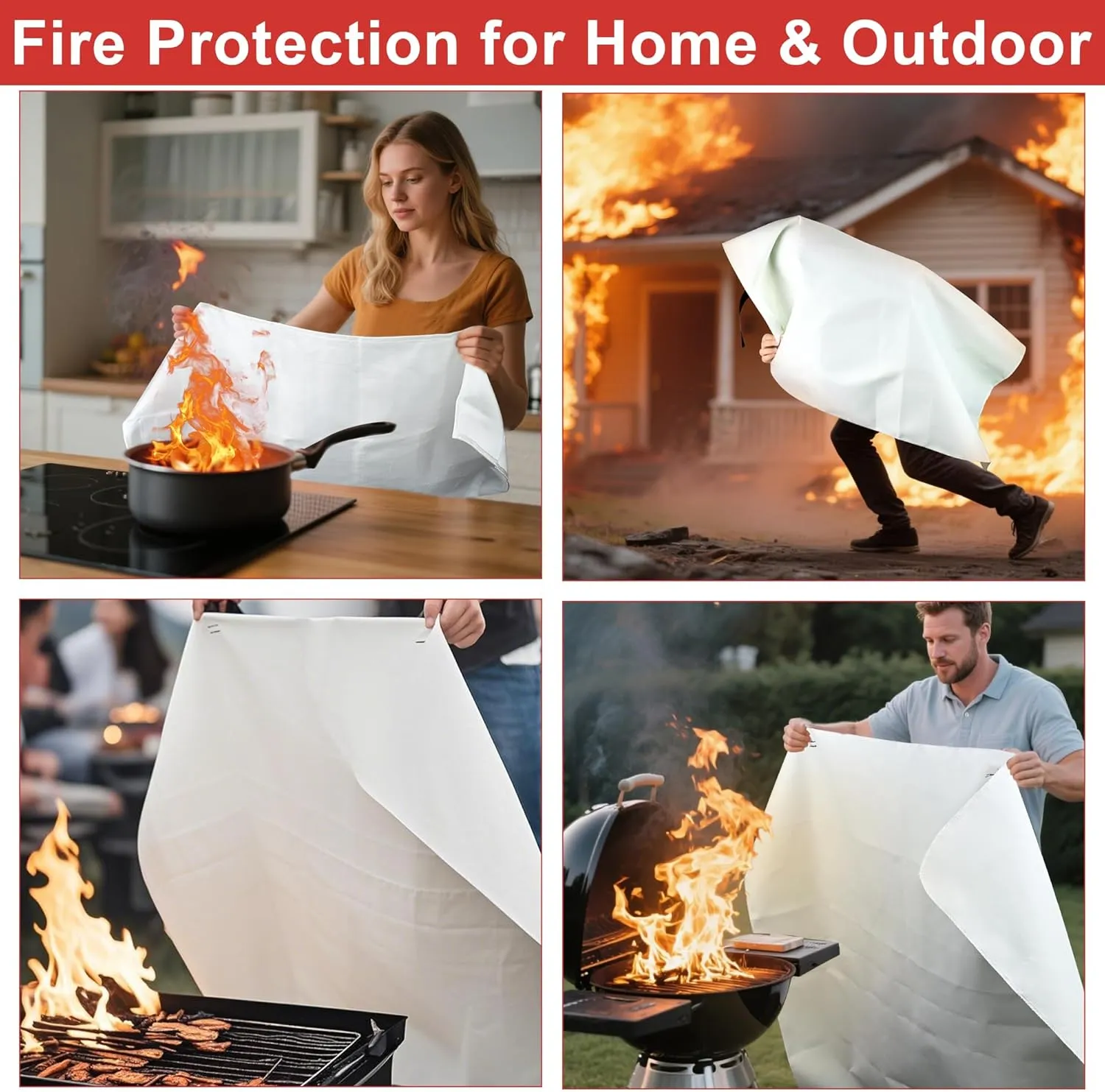 FJNATINH Emergency Fire Blanket - 4Pack 60x60'' Fiberglass Flame Retardant Fire Blanket for Kitchen, Home, Fireplace, Grill, Warehouse, Camping Use