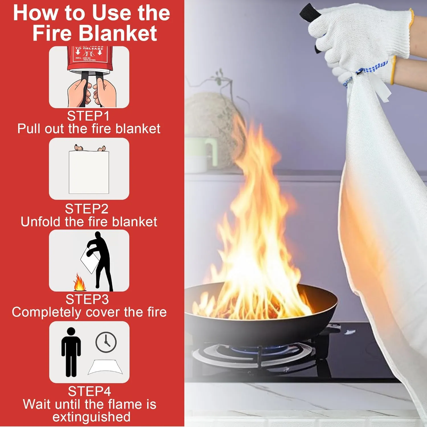 FJNATINH Emergency Fire Blanket - 4Pack 60x60'' Fiberglass Flame Retardant Fire Blanket for Kitchen, Home, Fireplace, Grill, Warehouse, Camping Use