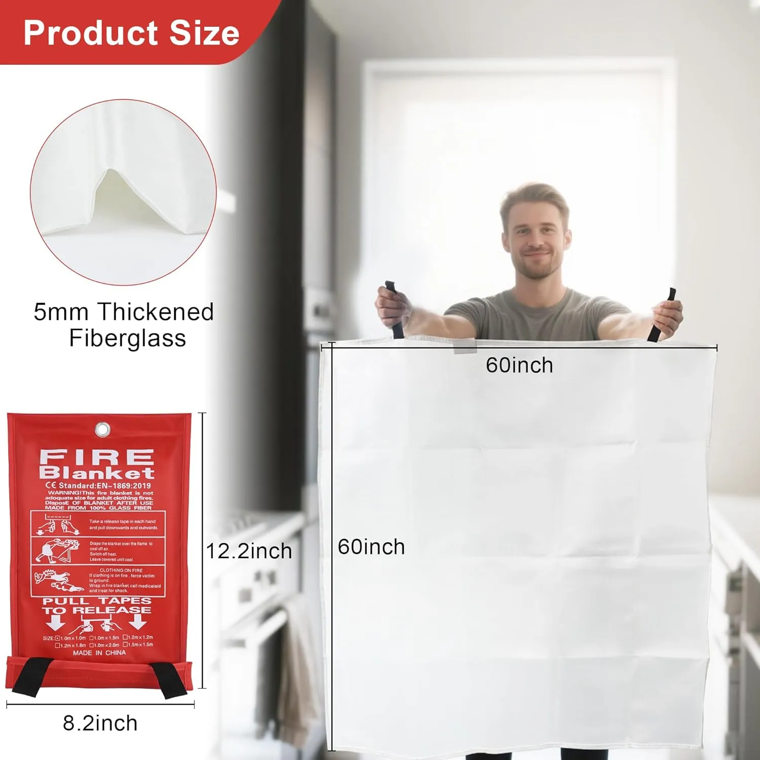 FJNATINH Emergency Fire Blanket - 4Pack 60x60'' Fiberglass Flame Retardant Fire Blanket for Kitchen, Home, Fireplace, Grill, Warehouse, Camping Use