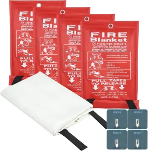 FJNATINH Emergency Fire Blanket for Home and Kitchen - 40x40'' Fiberglass Flame-Retardant Fire Blanket with Hook, for Fireplace, Grill, Warehouse, Camping, Family Use (4-Pack)