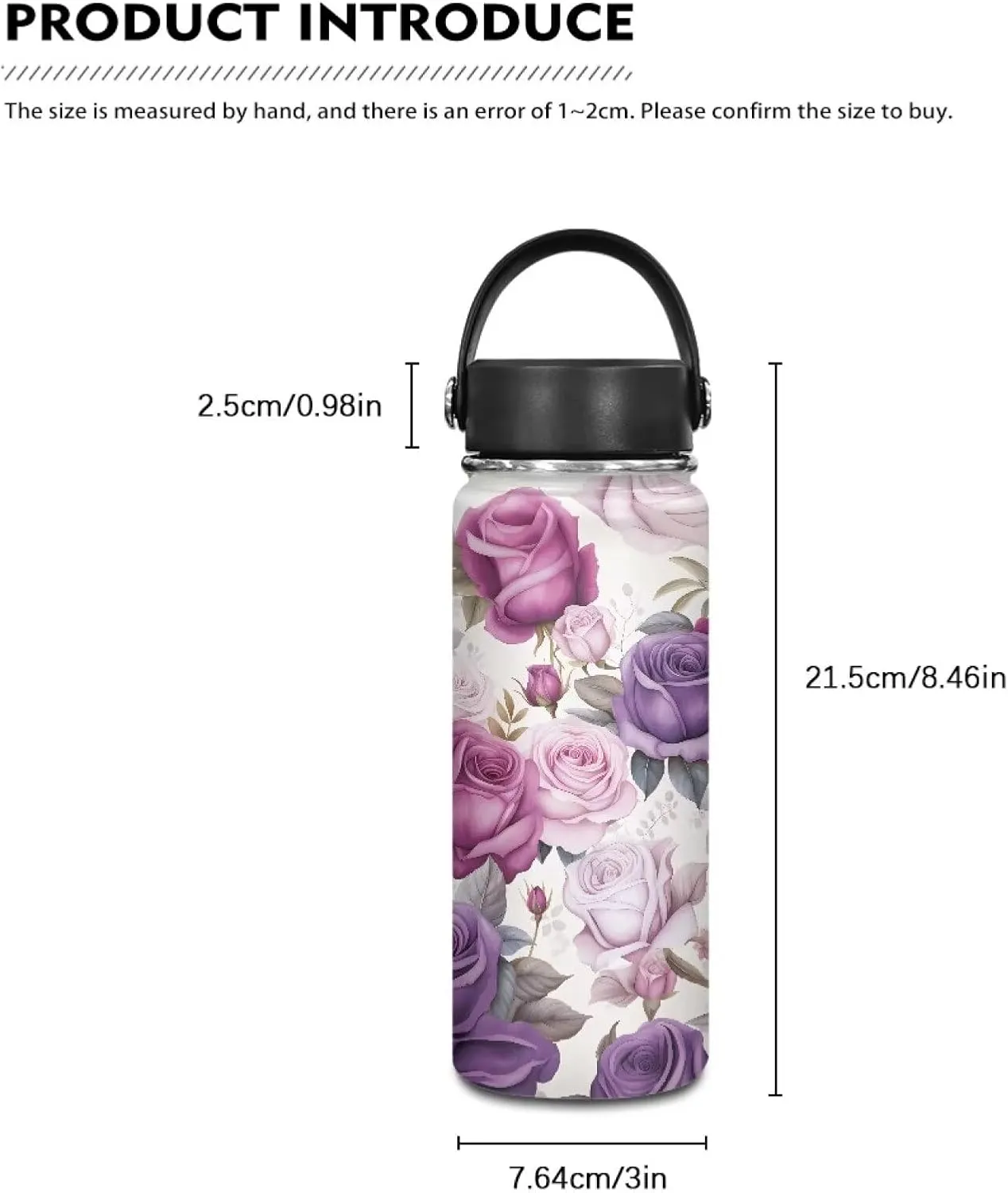 Flashideas Purple Rose Water Bottles Stainless Steel Vacuum Insulated Water Bottles Leakproof Lightweight Keeps Cold and Hot Great for Travel Hiking Biking Running