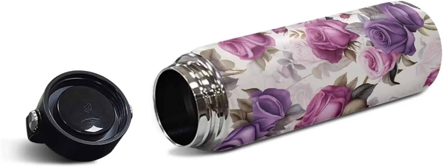 Flashideas Purple Rose Water Bottles Stainless Steel Vacuum Insulated Water Bottles Leakproof Lightweight Keeps Cold and Hot Great for Travel Hiking Biking Running