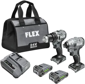 FLEX 24V Brushless Cordless 2-Tool Compact Combo Kit: 1/2-Inch 2-Speed Drill Driver and 1/4-Inch Hex Impact Driver with (2) 2.5Ah Lithium Batteries and 160W Fast Charger - FXM205-2A