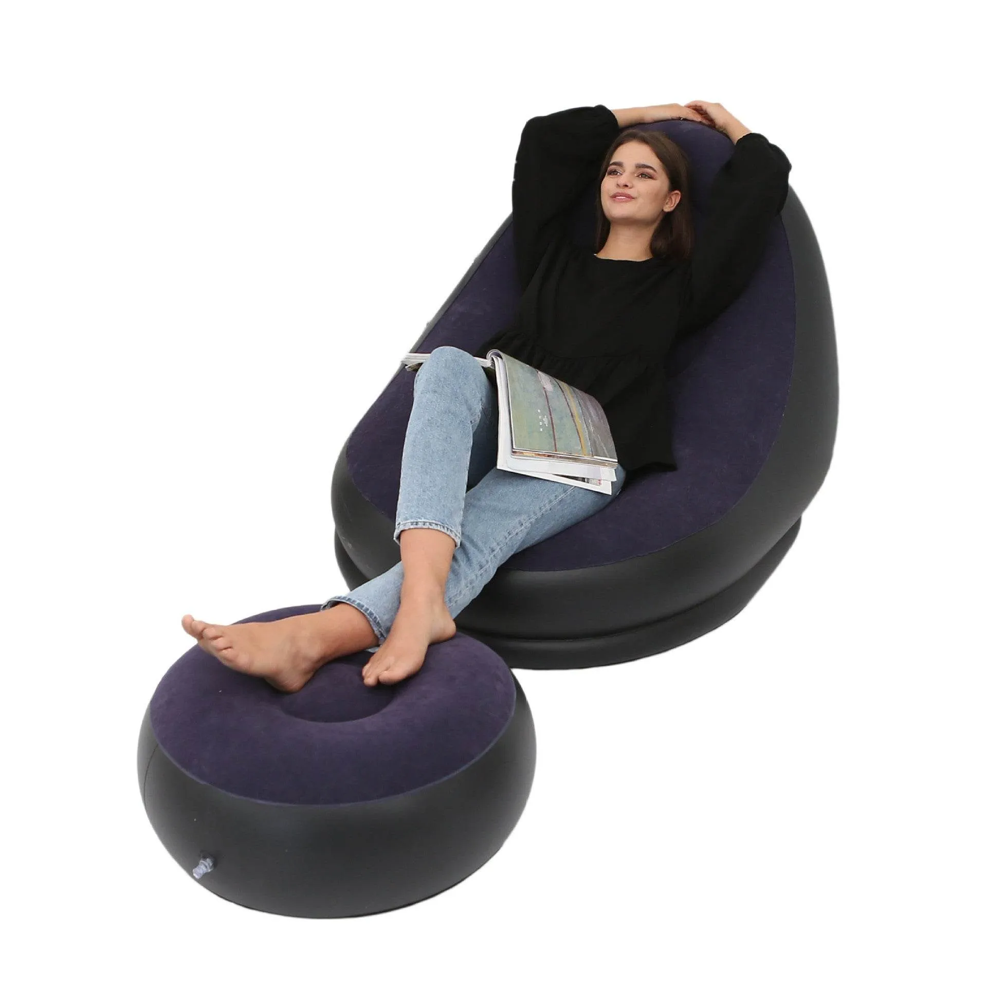 Flocking Inflatable Sofa Lazy Sofa Bed With Footstool Outdoor Foldable Portable Recliner