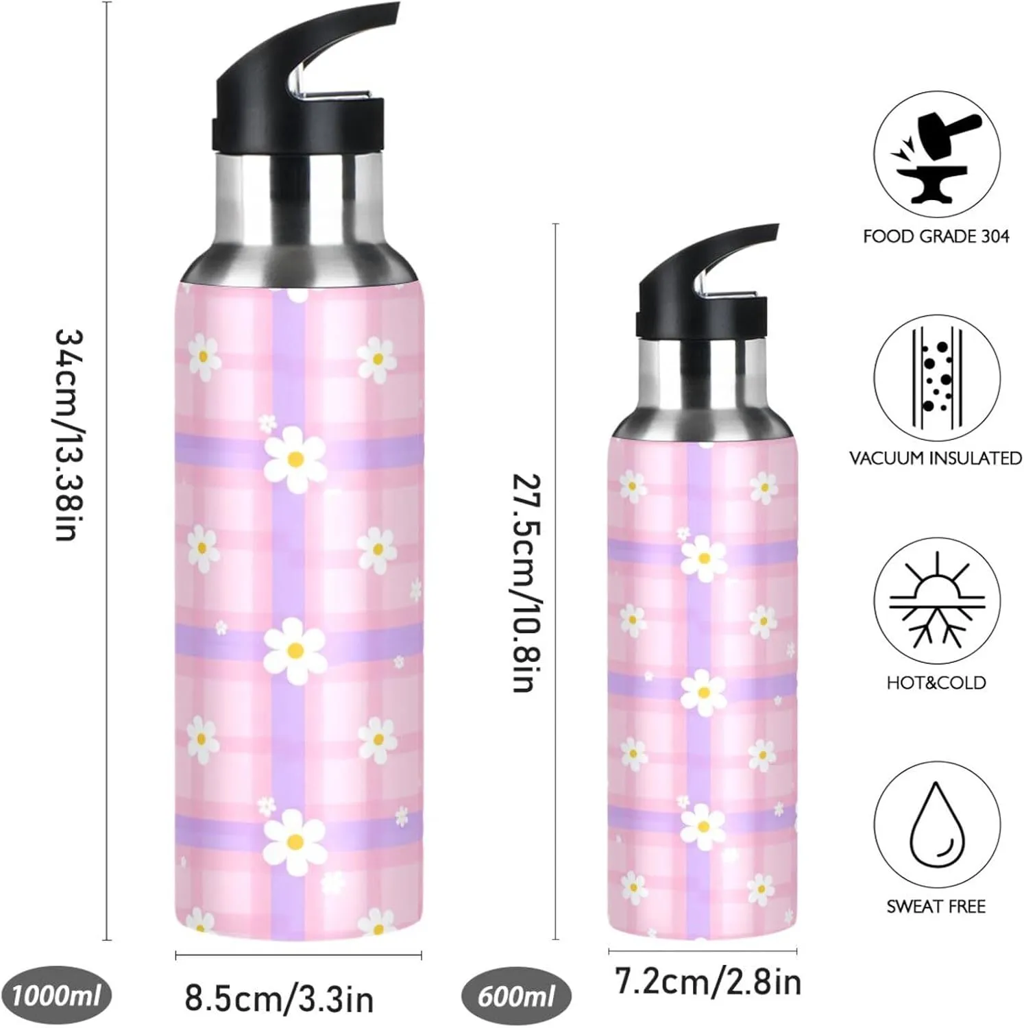 Floral Plaid Sports Water Bottle with Straw, 22oz BPA Free Stainless Steel Vacuum Insulated Bottle for Gym Fitness Outdoor