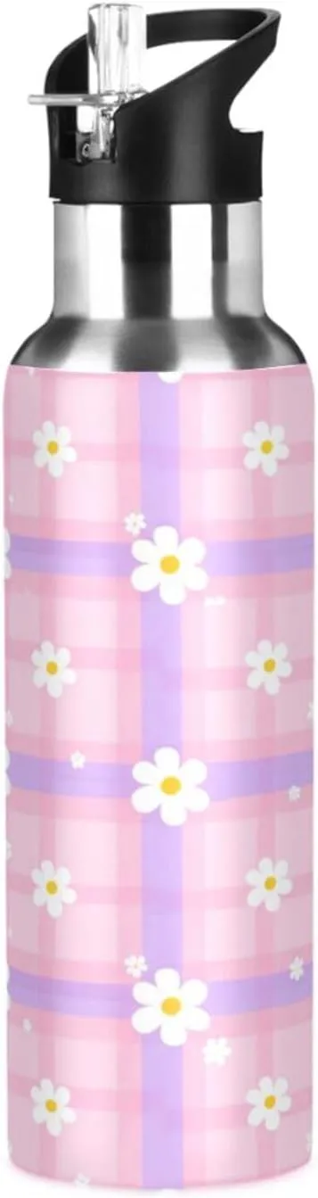Floral Plaid Sports Water Bottle with Straw, 22oz BPA Free Stainless Steel Vacuum Insulated Bottle for Gym Fitness Outdoor