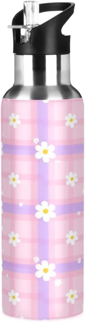 Floral Plaid Sports Water Bottle with Straw, 22oz BPA Free Stainless Steel Vacuum Insulated Bottle for Gym Fitness Outdoor