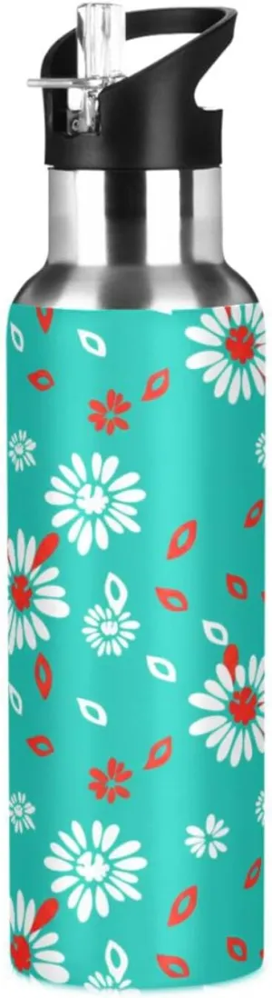 Floral Sports Water Bottle with Straw, 22oz BPA Free Stainless Steel Vacuum Insulated Bottle for Gym Fitness Outdoor