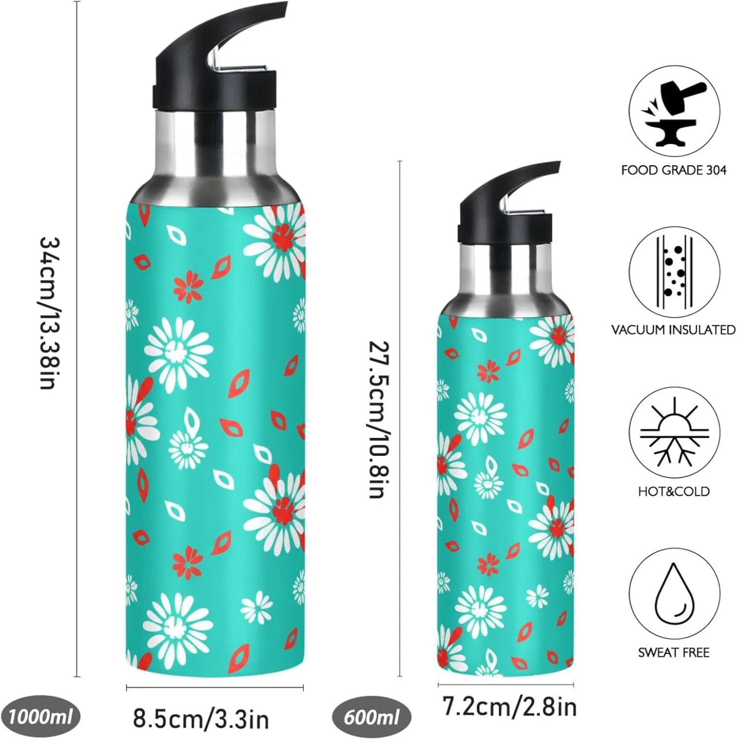 Floral Sports Water Bottle with Straw, 22oz BPA Free Stainless Steel Vacuum Insulated Bottle for Gym Fitness Outdoor