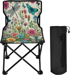 Flower Butterfly Dragonfly Portable Outdoor Folding Chair Anti-Slip Padded Oxford Cloth Stool Camping Chair Small for Beach Hiking Fishing Gardening Quad Camp Chair