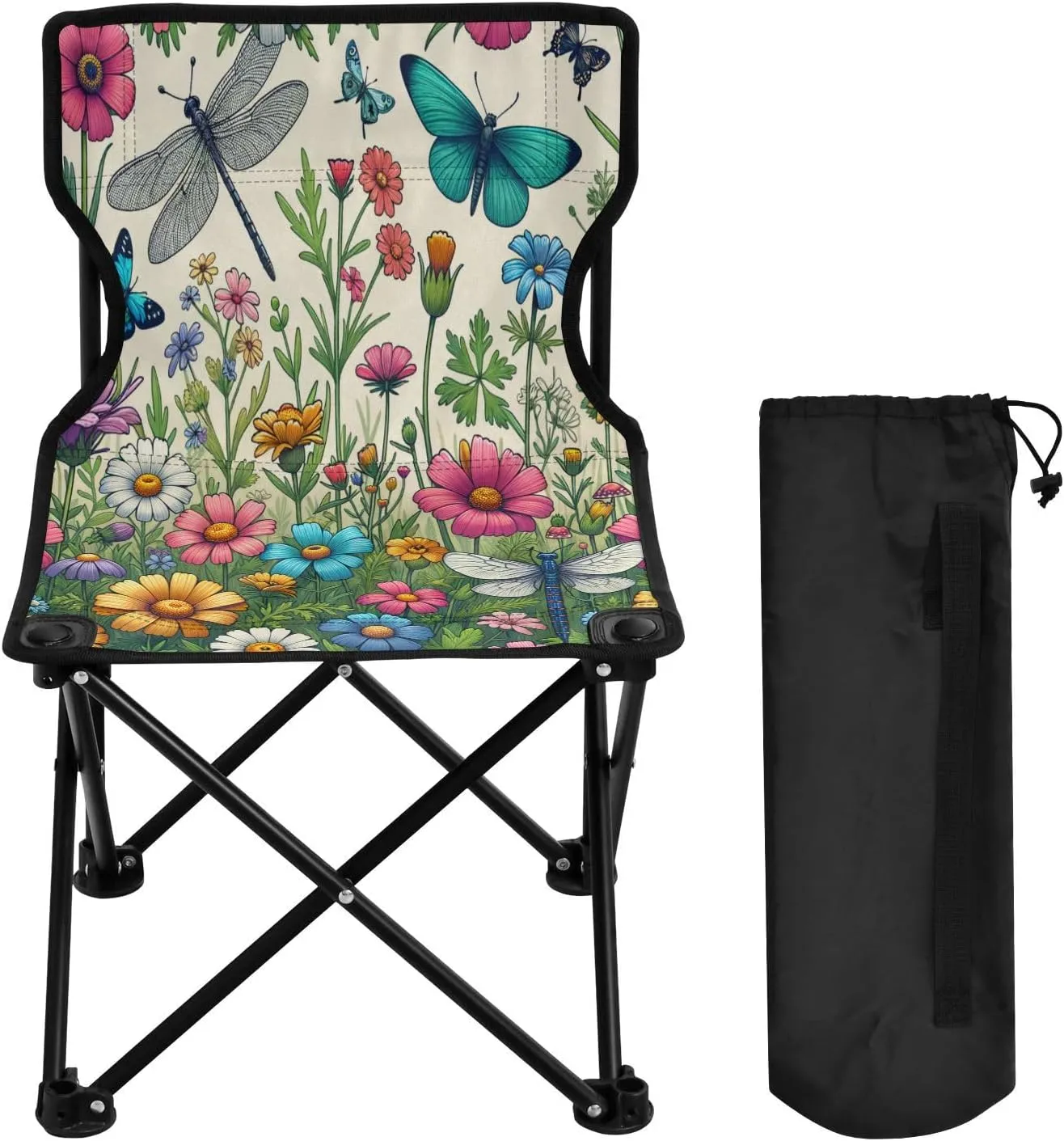 Flower Butterfly Dragonfly Portable Outdoor Folding Chair Anti-Slip Padded Oxford Cloth Stool Camping Chair Small for Beach Hiking Fishing Gardening Quad Camp Chair