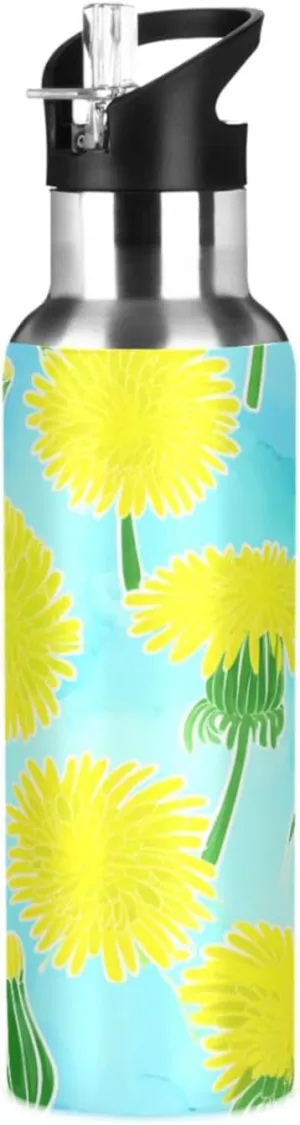 Flower Sports Water Bottle with Straw, 22oz BPA Free Stainless Steel Vacuum Insulated Bottle for Gym Fitness Outdoor