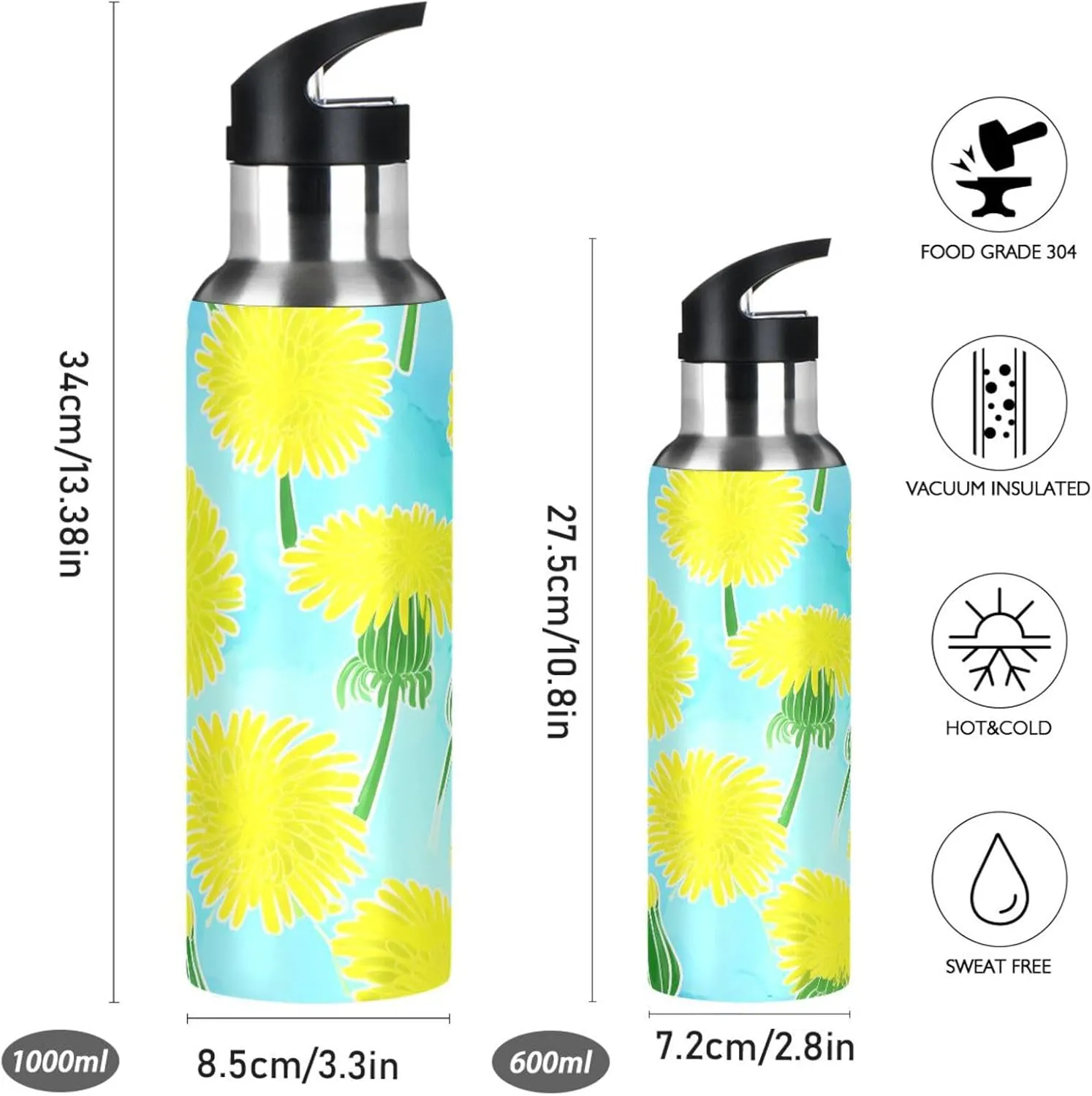 Flower Sports Water Bottle with Straw, 22oz BPA Free Stainless Steel Vacuum Insulated Bottle for Gym Fitness Outdoor