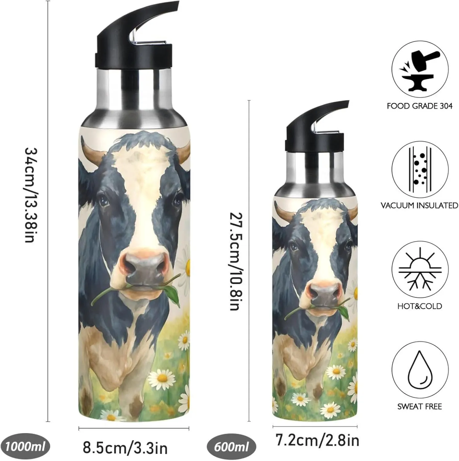Flowers & Cows Sports Water Bottle with Straw, 22oz BPA Free Stainless Steel Vacuum Insulated Bottle for Gym Fitness Outdoor