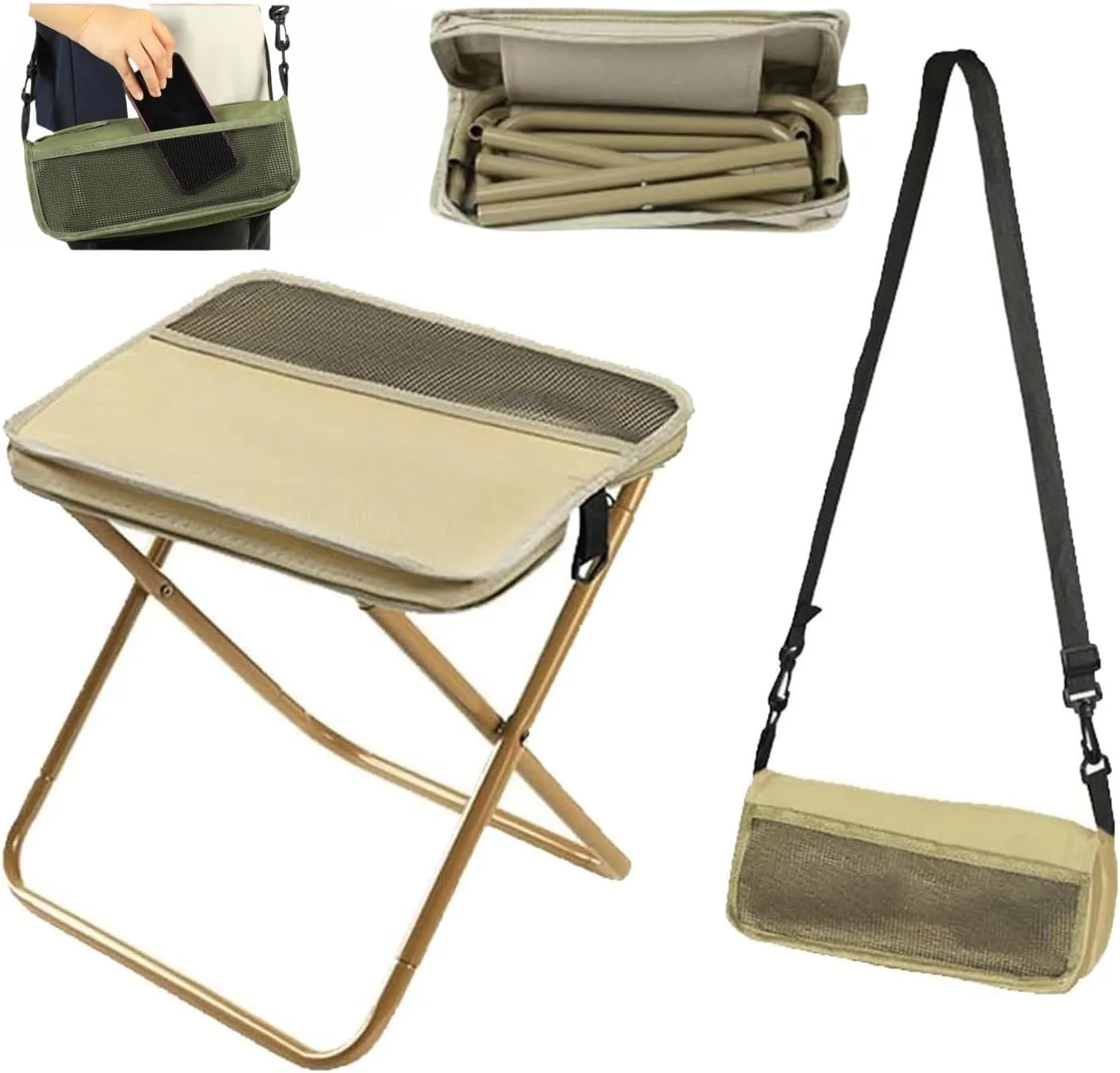 Foldable Backpack Stool,Mini Camping Collapsible Stool,Small Foldable Fishing Chair,Lightweight Outdoor Seat with Adjustable Strap,Portable Camping Stools & Collapsible Chair(Beige,Small)